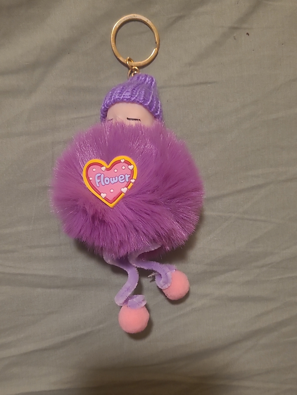 Purple Pom-Pom Kids Keychain with Flower Heart Charm